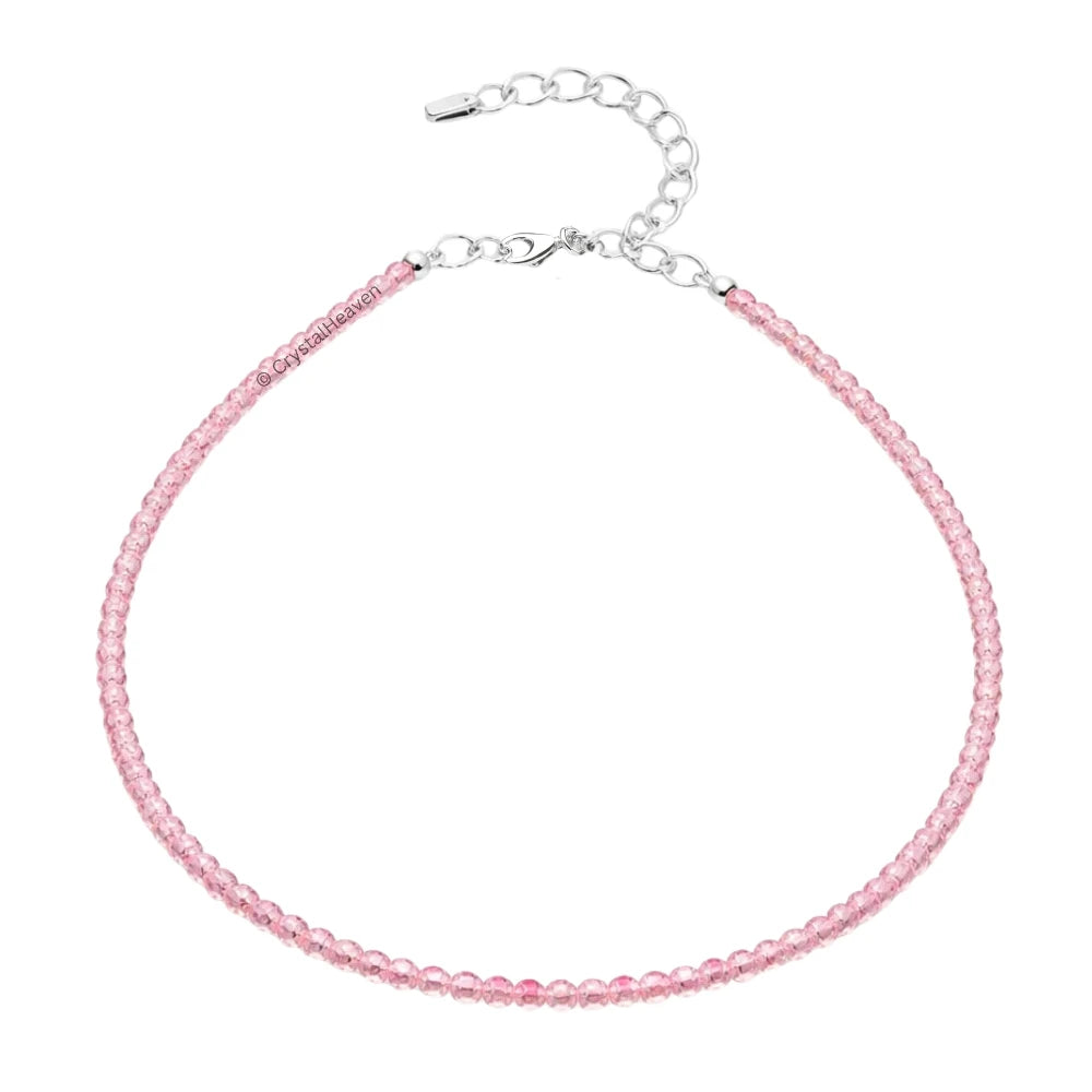Pink Strawberry Anklet - 2mm Faceted Beads (Silver)