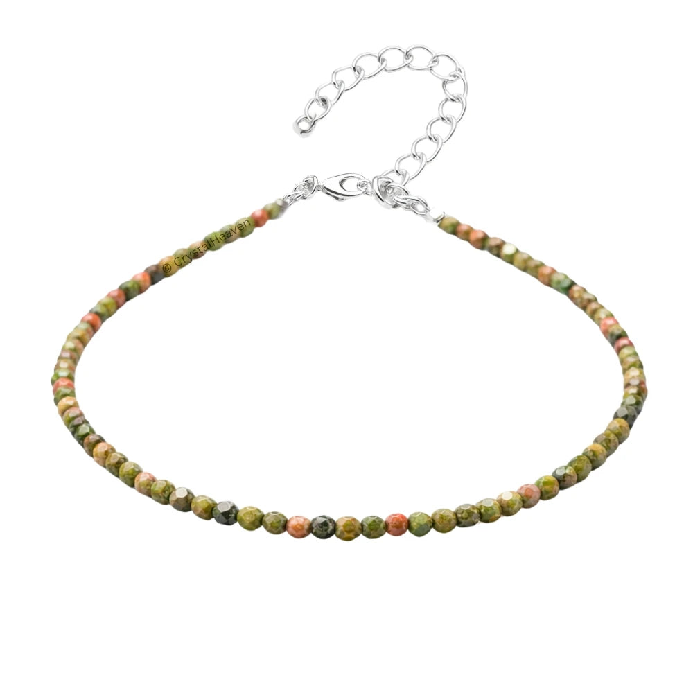 Unakite Anklet - 2mm Faceted Beads (Silver)