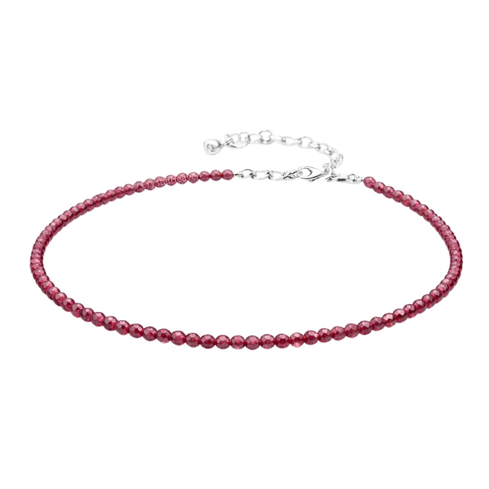 Pink Garnet Anklet - 2mm Faceted Beads (Silver)