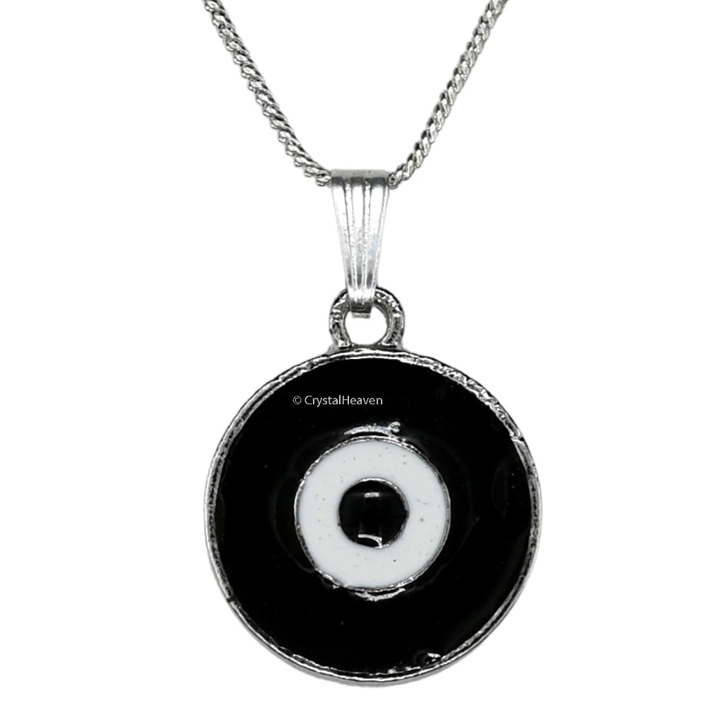 Black Evil Eye Pendant Necklace - Round (Silver)