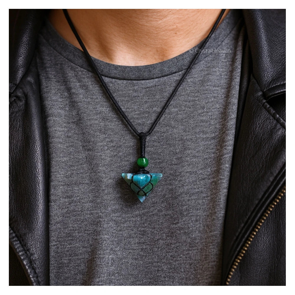 Moss Agate Pyramid Macrame Pendant Necklace
